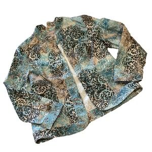 Chicos Women's Teal Gray Print Jacket Blazer Size 1 Medium Long Sleeve stretchy